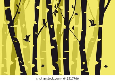 Background Illustration of Birch Trees and Birds in Yellow, Green and Brown Colors