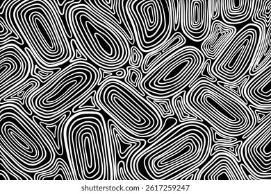 Background illustration in black and white color. White lines on black background. Vector graphics, topographic lines, abstract lines, poster, banner, handwritten lines, background, drawing