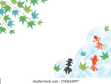 Background illustration of blue autumn leaves and goldfish and ripples