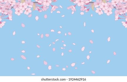 A background illustration of a blue sky and cherry blossoms in full bloom.
