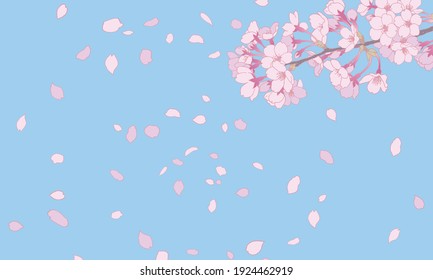 A background illustration of a blue sky and cherry blossoms in full bloom.
