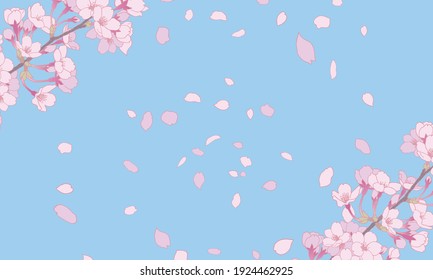 A background illustration of a blue sky and cherry blossoms in full bloom.
