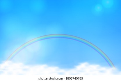 Background illustration of blue sky, clouds and rainbow