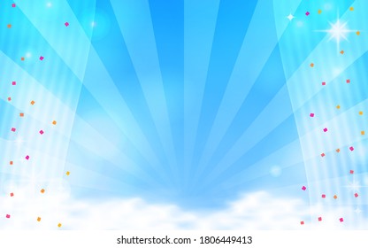 Ilustración de fondo del cielo azul, las nubes y los radiales y confetti