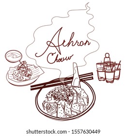 Background illustration
Is the breakfast type
Vietnamese rice noodle with braised pork and chili paste