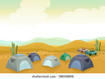 Background Illustration of Camping Tents Set Up in the Desert with Cactus and Vehicles