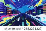 Background illustration of a car running through a road in a city of buildings_16:9