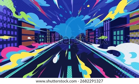 Background illustration of a car running through a road in a city of buildings_16:9