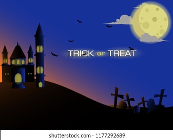 Background Illustration to Celebrating Halloween with Sunrise Blue Sky, Castle, Grave, Bat and Light moon.