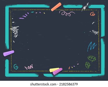 Background Illustration of Chalkboard with Chalk Art Doodles and Chalks