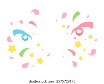 Background illustration of cherry blossom petals, ribbons and stars