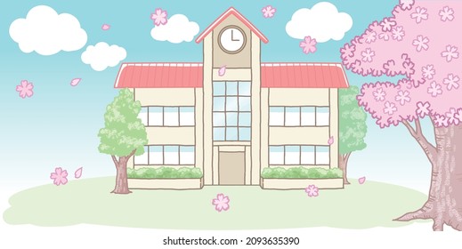 Background Illustration Of A Cherry Blossom Tree And A Kindergarten Building