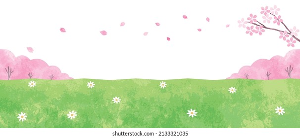 Background illustration of cherry blossoms and field