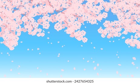 Ilustración de fondo de flores de cerezo en plena floración y cielo azul