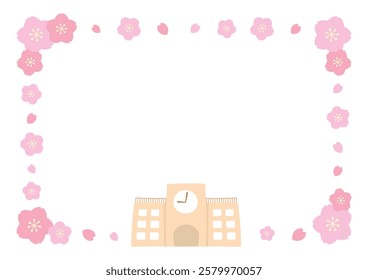 Background illustration of cherry blossoms and school landscape with cherry blossom frame in spring