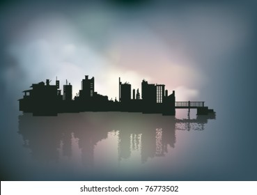 background illustration of city reflected in water