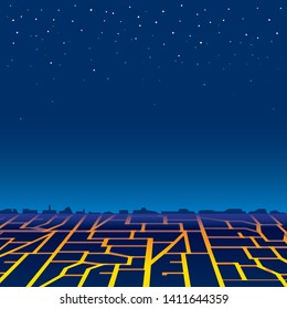 Background illustration of cityscape adn starry night in blue colors.