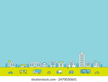 Background illustration of a cityscape with cars and buses. Copy space flat vector material.