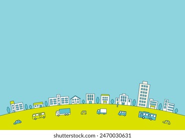 Background illustration of a cityscape with cars and buses. Copy space flat vector material.