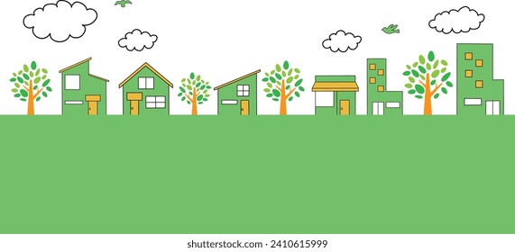 Background illustration of a cityscape with houses and nature