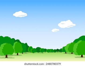 Background illustration of clouds, blue sky, trees and grassland