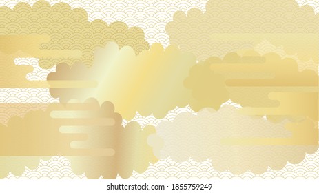 Background illustration of a continuous pattern of seigaiha with multiple clouds arranged.White version.