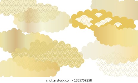 Background illustration of a continuous pattern of seigaiha with multiple clouds arranged.White version.