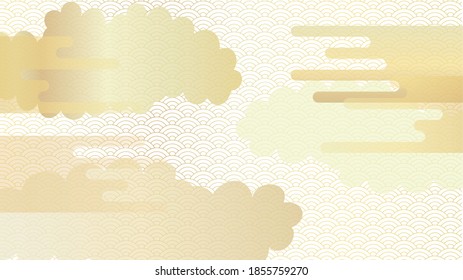 Background illustration of a continuous pattern of seigaiha with multiple clouds arranged.White version.