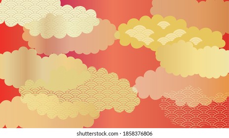 Background illustration of a continuous pattern of seigaiha with multiple clouds arranged.Red version.