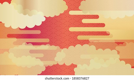 Background illustration of a continuous pattern of seigaiha with multiple clouds arranged.Red version.