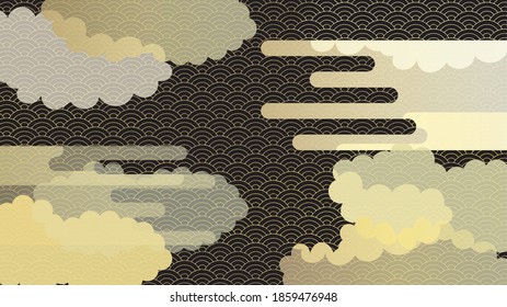 Background illustration of a continuous pattern of seigaiha with multiple clouds arranged.Black version.