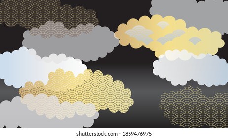 Background illustration of a continuous pattern of seigaiha with multiple clouds arranged.Black version.