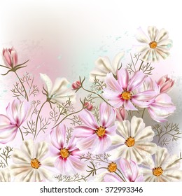 Background or illustration with cosmos  flowers in retro style