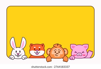 Background illustration of cute animals peeking over a blank yellow banner cartoon style, ideal for kids design, greeting cards, posters, and fun message backgrounds.