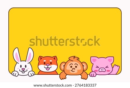 Background illustration of cute animals peeking over a blank yellow banner cartoon style, ideal for kids design, greeting cards, posters, and fun message backgrounds.