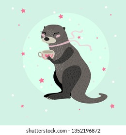 
Background illustration of a cute otter in a scarf with a cup of tea
