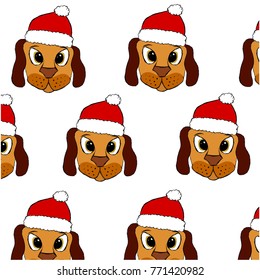 Background illustration with cute puppy in red christmas hat for wallpaper, greeting card and printing