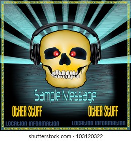 Background illustration for a DJ Poster with a skull in headphones for a scary or Halloween set
