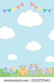 Background Illustration of Easter Eggs, Rabbit and Chick in a Row