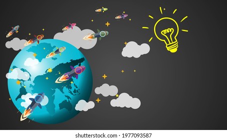 Background illustration  Education  Learn online Around the world with rocket.