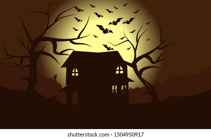 background illustration of an empty house on a dark night with a flying bat swarm. and dead tree. eps 10.