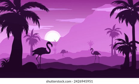 Background Illustration of Famingo Birds at Sunset in Nature with Mountains and Coconut Trees - Beautiful 2D Landscapes Vector