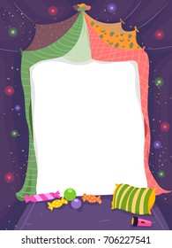 Background Illustration Featuring a Blank Piece of Paper Decorated With Colorful Blankets, Pillows, and Other Glamping Related Items