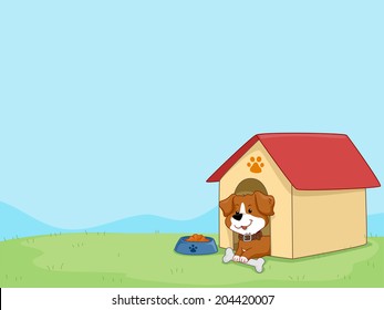 Background Illustration Featuring a Cute Little Dog Sitting in His Dog House