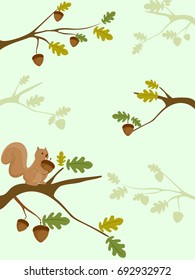 Background Illustration Featuring a Fluffy Squirrel Collecting Acorns from a Tree
