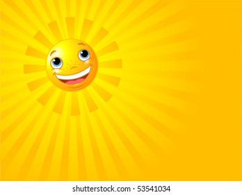 A background illustration featuring a happy smiling sun with rays of light beaming