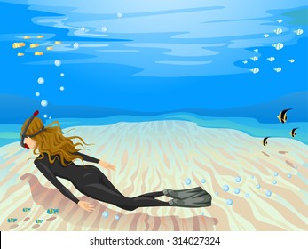 Background Illustration of a Female Free Diver Scanning the Seabed