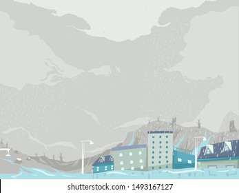 Background Illustration of Flooded Buildings and Deforestation Border