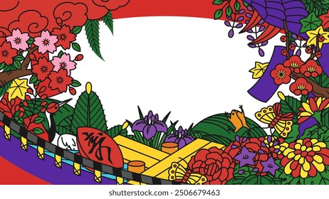 Background illustration of the flowers and roles of each month of Hanafuda cards_16:9_translation:celebration
