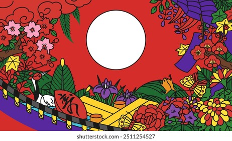 Ilustração de fundo das flores e papéis de cada mês de cartas Hanafuda_16:9_translação:celebração